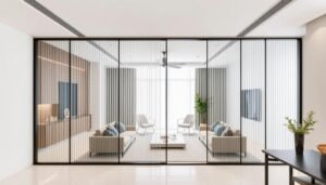room dividers featuring fluted glass partitions